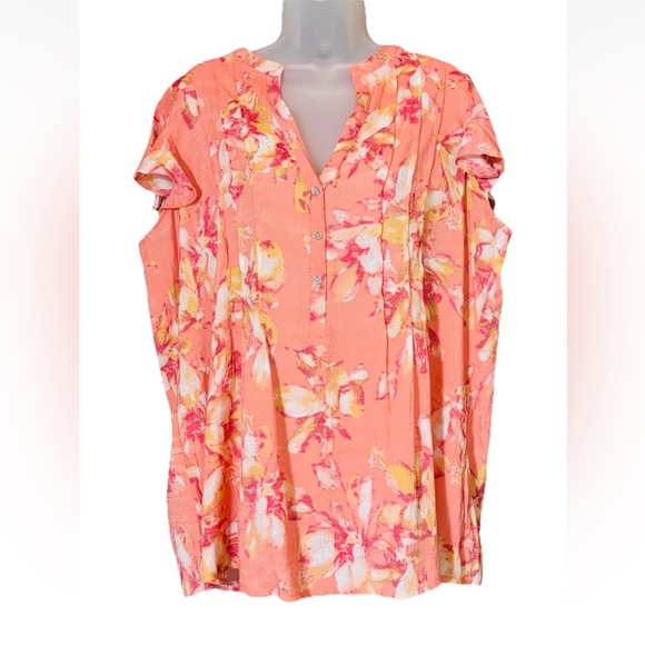Cocomo Woman Floral Pleated Flutter Sleeve Tropical Popover Top size 1X - Picture 9 of 9
